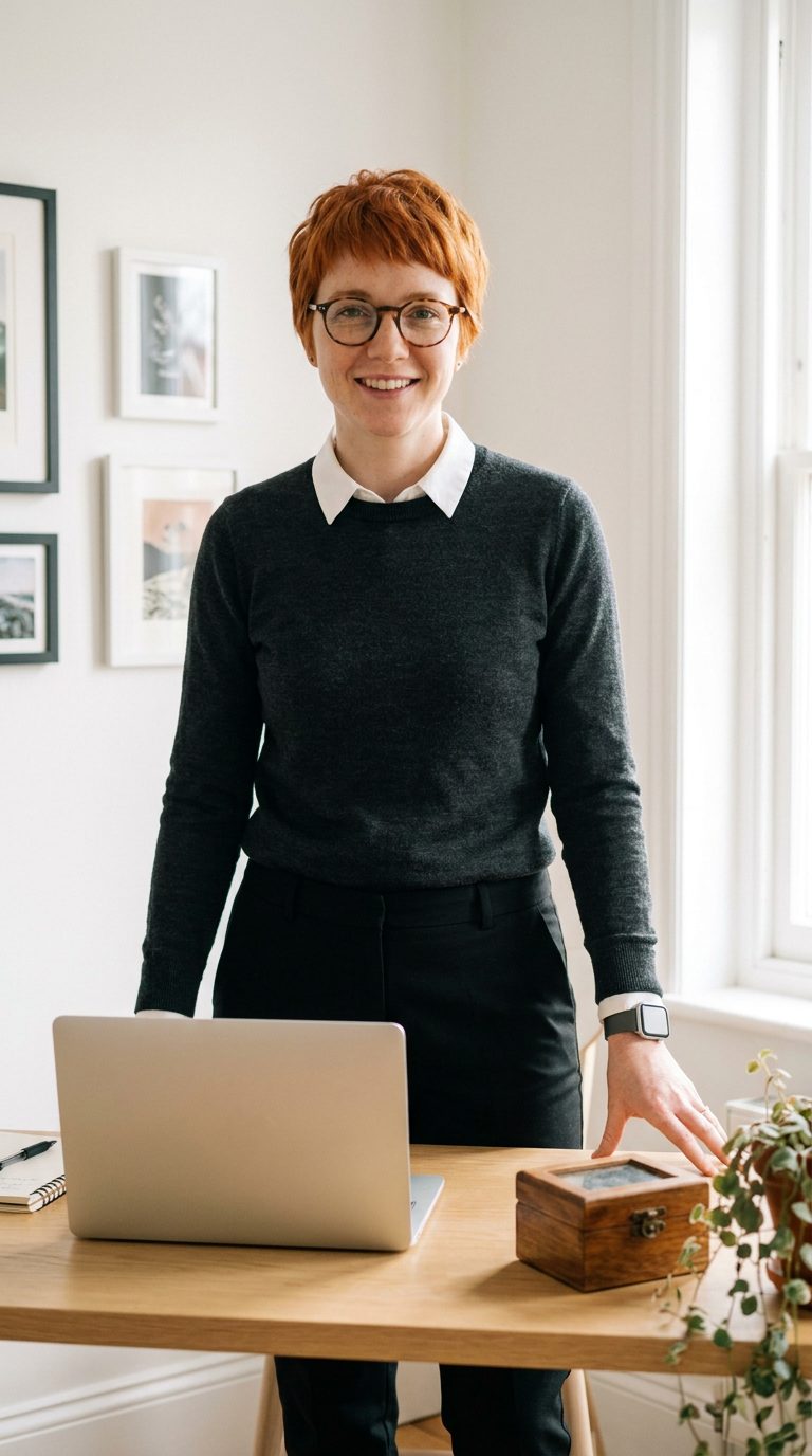 Juno Marlow at her desk